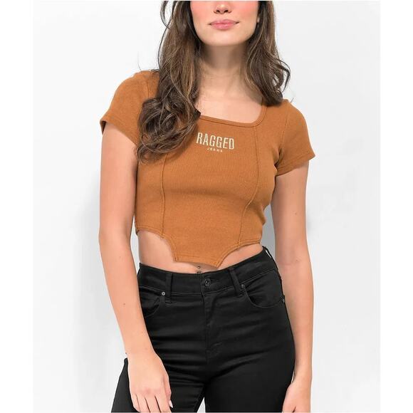 THE RAGGED PRIEST Corset Hem Squard Neck Ribbed Crop Top Sz 6 Brown Orange - Picture 1 of 7